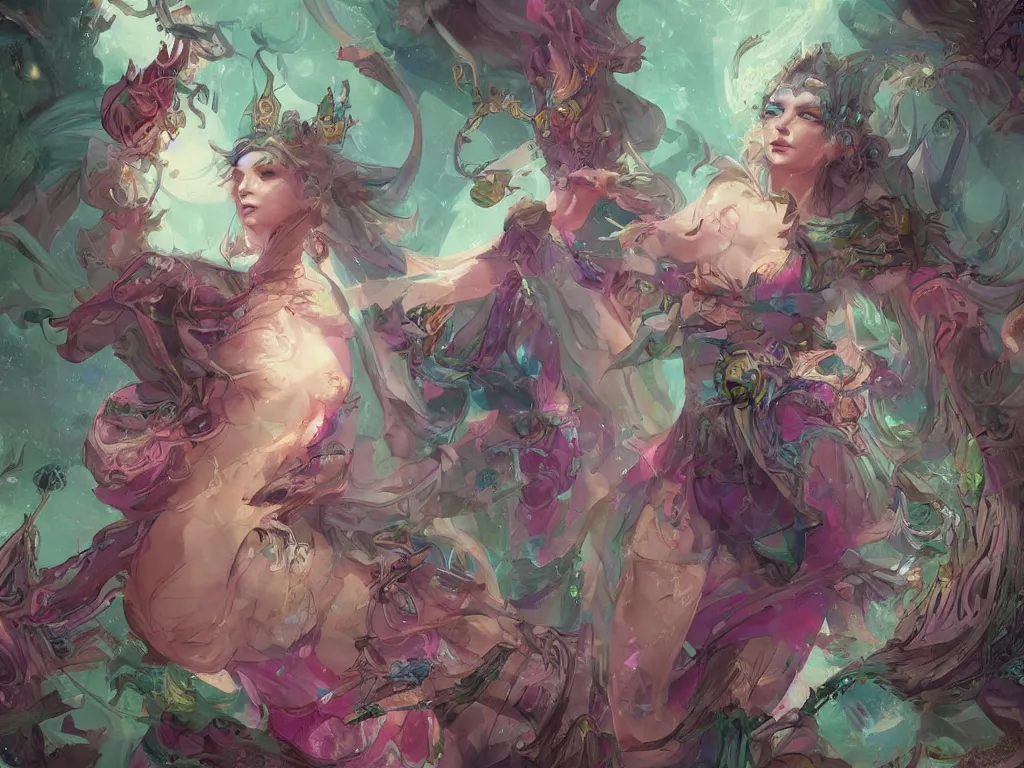 Prompt: digital art, tarot, monarchy, elf, druid, woods noble, intrincate, ultra detailed, high class, steady look, royalty, queen, relaxed, full body, spell, green blue and pink colors, trending on artstation, wallpaper, award-winning art, 4k, peter mohrbacher style