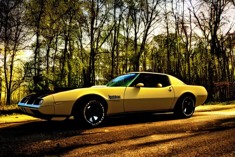 Image similar to pontiac firebird with grafitti tag on side, sunrise, dramatic, cinematic, forest, sunbeams, volumetric lighting, wide shot, low angle, pokemon looking at car