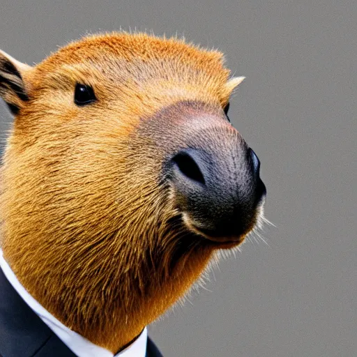 Image similar to a high detail photo of an antropomorphic capybara wearing a suit, subject= duck, subject detail: wearing a suit, photorealism