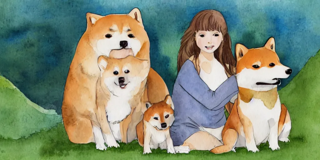 Prompt: a watercolor illustration of a girl with light brown hair, hazel eyes and freckles accompanied by a shiba inu