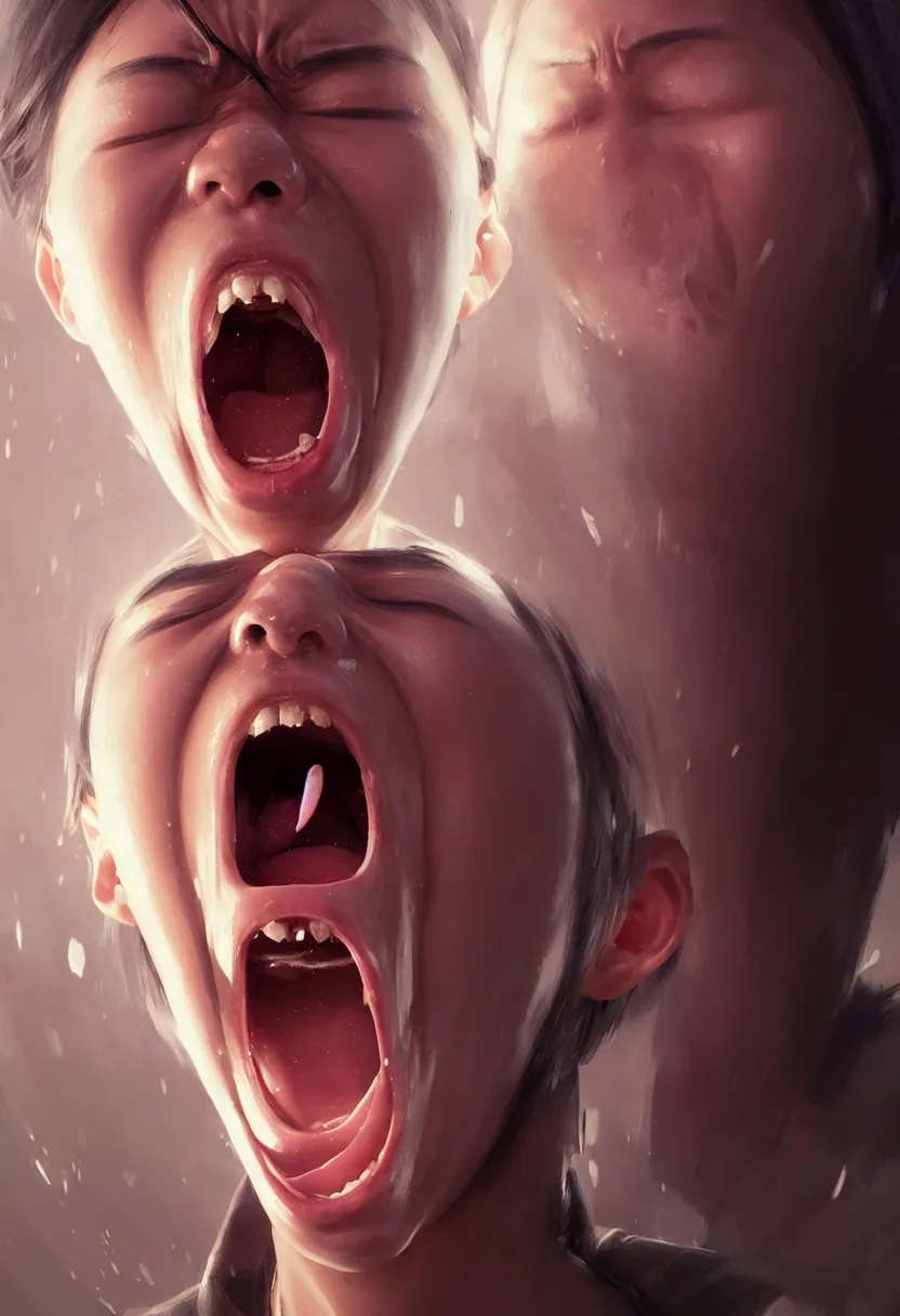 Prompt: beautiful render, waist up portrait of a futuristic cute japanese teenager screaming in anger and frustration, intricate, elegant, highly detailed, digital painting, artstation, concept art, smooth, sharp focus, octane render, dramatic lighting, symmetry, symmetrical face, ONE FACE, headshot, art by greg rutkowski and wlop