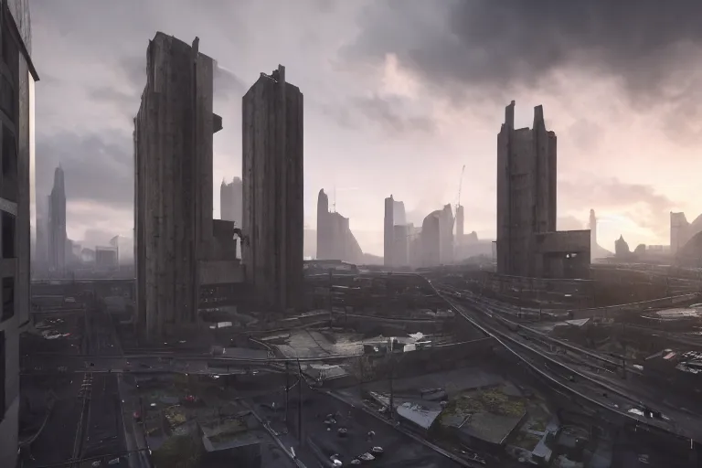 Image similar to streetscape, a towering cathedral of brutalist architecture, buildings covered with greebles, stunning volumetric light, sunset, metal, concrete and translucent material, stunning skies, majestic landscape, trending on Artstation, 8k, photorealistic, hyper detailed, unreal engine 5, IMAX quality, cinematic, epic lighting, in the style of Greg Rutkowski