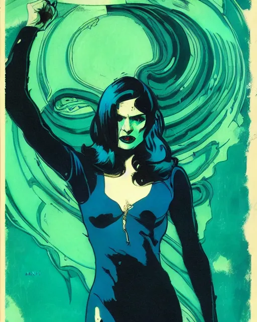 Image similar to Rafael Albuquerque comic book art, Norman Rockwell, pretty pale female Evan Rachel Wood, water demon, sharp teeth, long blue hair, full body, blue and green, underwater