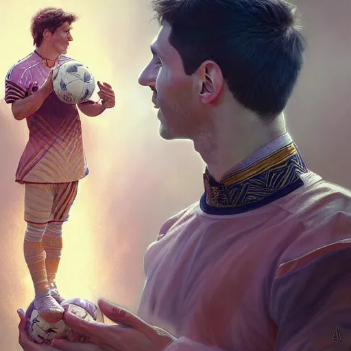 Image similar to Lionel Messi winning his 14th Ballon d'Or, D&D, intricate, elegant, highly detailed, digital painting, artstation, concept art, matte, sharp focus, illustration, art by Artgerm and Greg Rutkowski and Alphonse Mucha