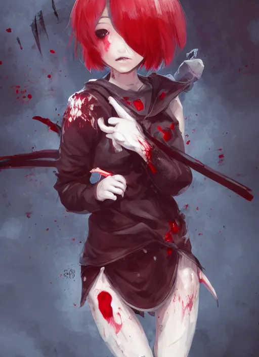 Image similar to a highly detailed illustration of short hair cute japanese girl wearing blood stained hoodie and bandages on legs, bright red eyes, dramatic sadistic berserk pose, intricate, elegant, highly detailed, centered, digital painting, artstation, concept art, smooth, sharp focus, league of legends concept art, WLOP