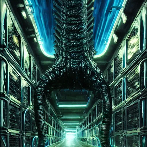 Image similar to menacing aggressive fast engineered black slimy creature made out of needles, inside a gas station, aggressive harsh bright fluorescent industrial blue lighting, extremely detailed digital matte painting by Greg Rutkowski and H.R. Giger