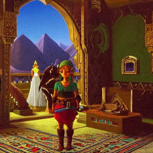 Image similar to hyrule palace, legend of zelda, by jean - leon gerome, orientalism painting