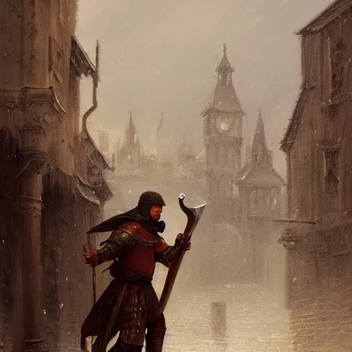 Image similar to a man holding a sword in the medieval era the background to the small town and it is raining by greg rutkowski