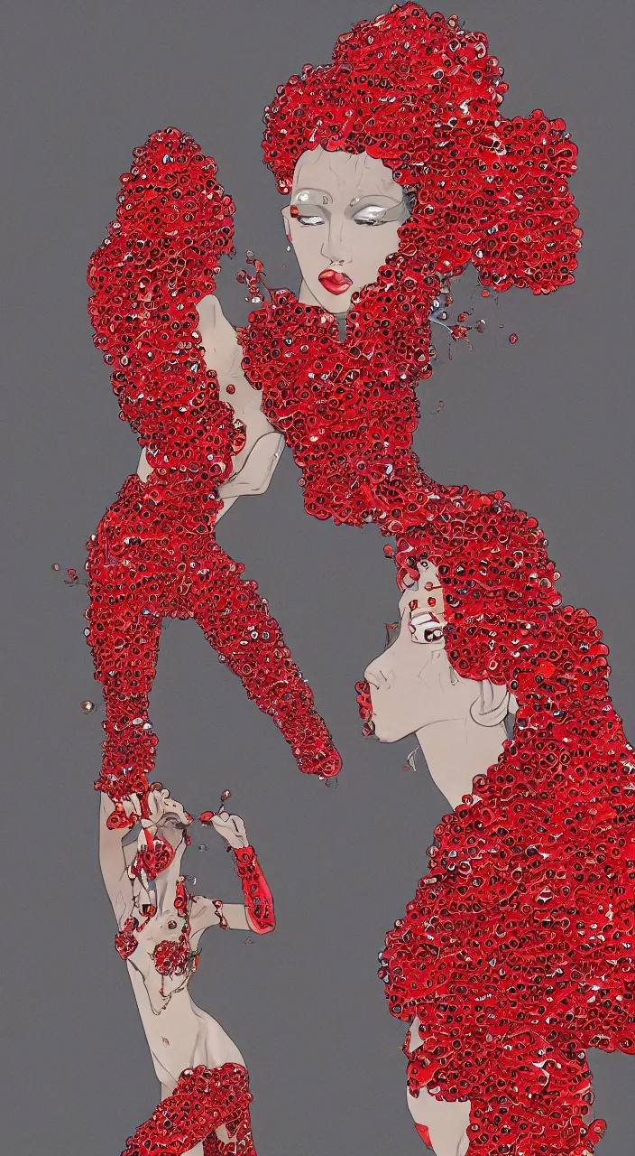 Prompt: a fashion character design wearing a red sequined bodysuit, acid hallucinations floating around their head, by moebius, alexander mcqueen headdress with beads, by kawase hasu