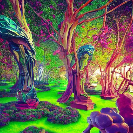 Image similar to beeple painting of a magnificent garden filled with remarkable sculptures, trees, and structures, incredible details