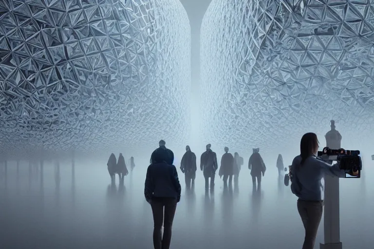 Image similar to tourists taking a photo of a complex organic fractal 3 d ceramic humanoid megastructure, cinematic shot, foggy, photo still from movie by denis villeneuve