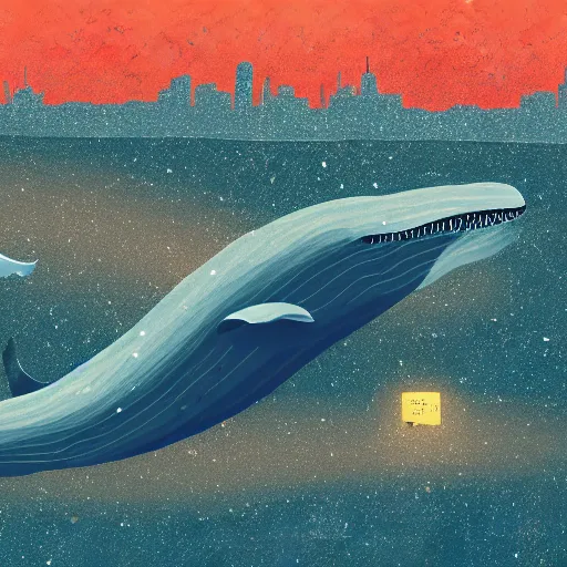 Prompt: illustration of a whale flying over a city at night