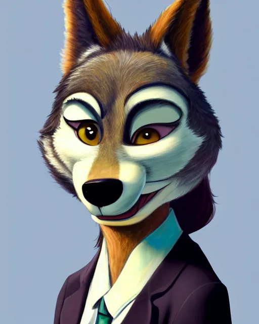 Image similar to oil painting of anthromorphic female wolf, in style of zootopia, female fursona, furry, furaffinity, 4 k, deviantart, furry art, fursona art, wearing black business suit, business suit, wolf fursona, female, very expressive detailed feminine face,