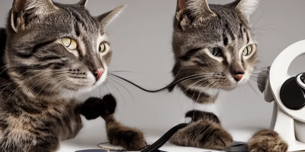 Prompt: photo of a cat laughing wide and hilariously into an old rotary phone that it is holding with its paw to its face. interior home office, at computer deist and keyboard and monitor, tec - supportt, it help, frustration, spilling coffee everywhere