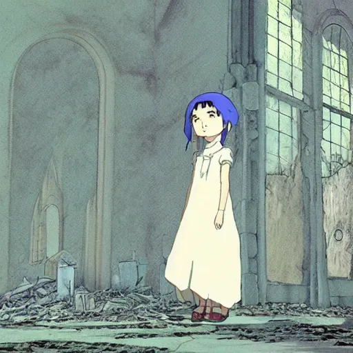 Prompt: ghost of a young girl, a burnt out church, photorealism, cel shaded, studio ghibli, hayao miyazaki