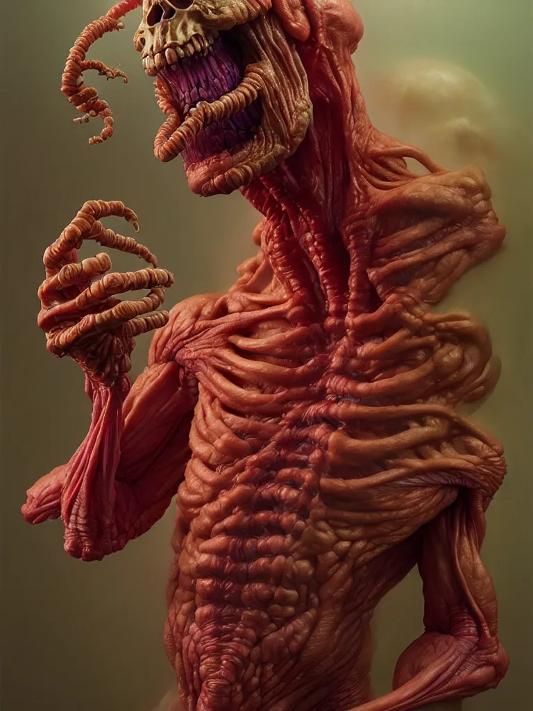 Image similar to hyperrealistic rendering, fat smooth cronenberg flesh monster skeletor by donato giancola and greg rutkowski and wayne barlow and zdzisław beksinski, product photography, action figure, sofubi, studio lighting, colored gels