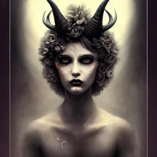 Prompt: By Tom Bagshaw, ultra realist soft painting portrait of curiosities carnival by night, very beautiful horned single zynoid fully dressed fading, symmetry accurate features, very intricate details, ominous sky, black and white, volumetric light clouds