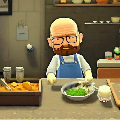 Prompt: walter white cooking meth in animal crossing, an oil painting by rembrandt