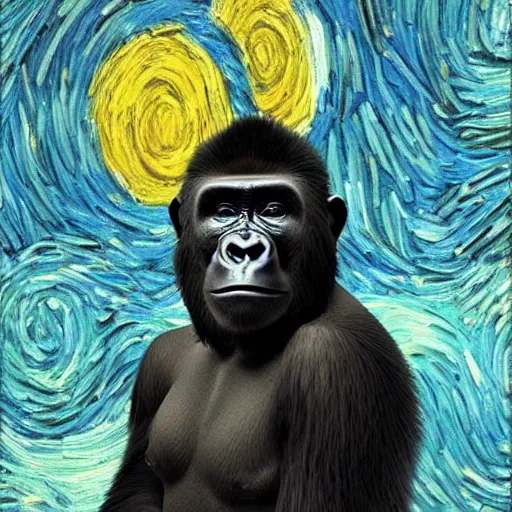 Image similar to a painting of a gorilla, hyper realistic painting in style of van gogh