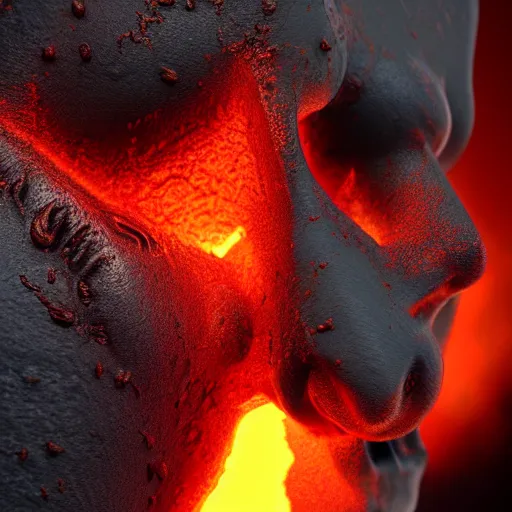 Image similar to human sculpture made out of molten lava, CGSociety, photorealistic, highly detailed, sharp, not blurry, ultra-photorealistic, postprocessing, 8k