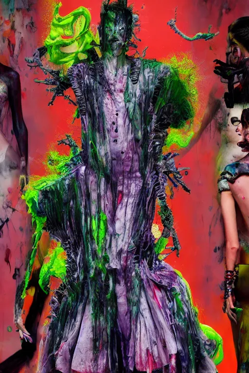 Prompt: crazy fashion catwalk, one model, crazy clothes, biopunk style, horror, clothes look like slime, hauntingly surreal, highly detailed painting by francis bacon, edward hopper, adrian ghenie, gerhard richter, and james jean soft light 4 k,