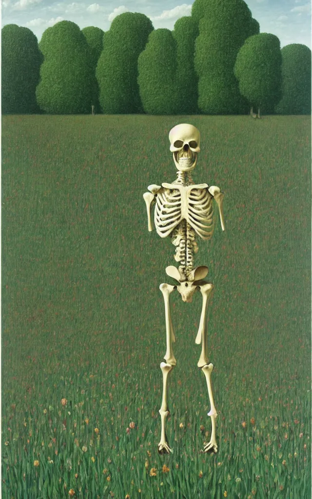 Image similar to human skeleton looking at you in distance in beautiful meadow of flowers, detailed painting by rene magritte