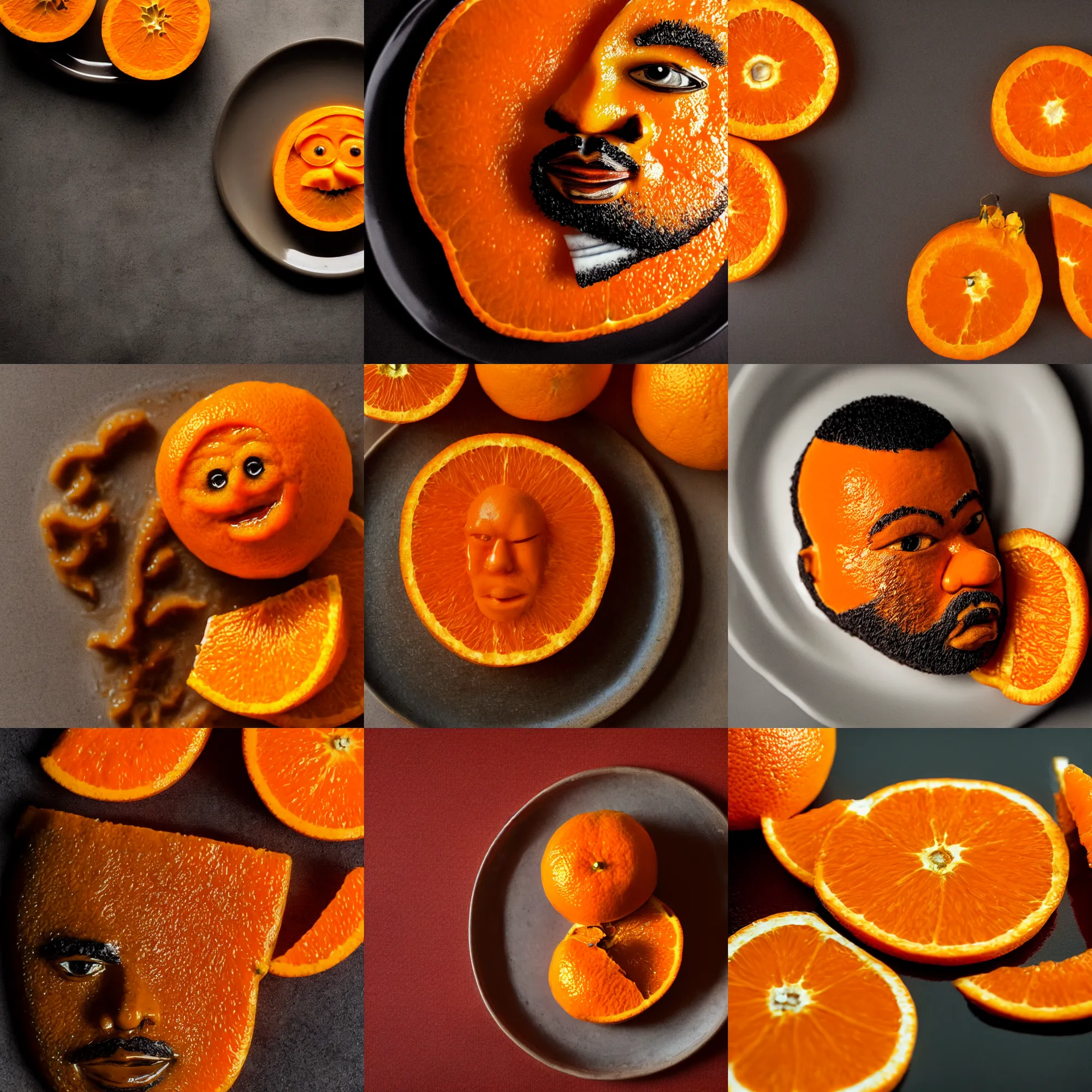 Prompt: orange that looks like jordan peele, jordan peele's face, a bearded orange on a plate, macro shot, high detail photo