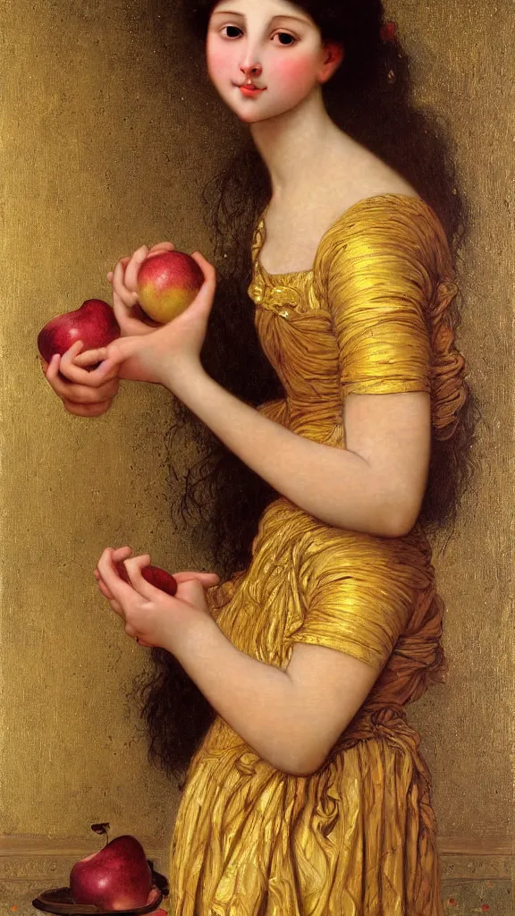 Image similar to painting portrait of a beautiful girl with an apple in her hand, intricate, elegant, digital painting, smooth, sharp focus, shiny gold, realistic gold, realistic metal, by William-Adolphe Bouguereau and Gustav Klimt,