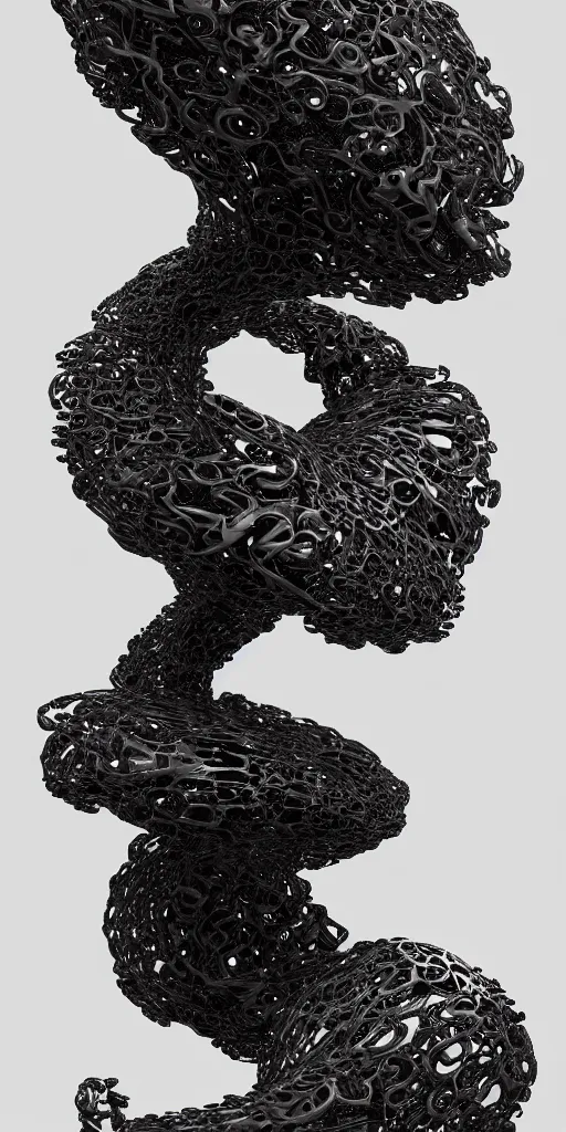 Image similar to a photorealistic render of a topographic organic sculpture made of melted metal, cyberpunk neon torus, a black background, c 4 d, by zhelong xu ouchh studio and ernst haeckel, wide angle, hyper realistic, plain black background, 8 k, volumetric lightning, octane render