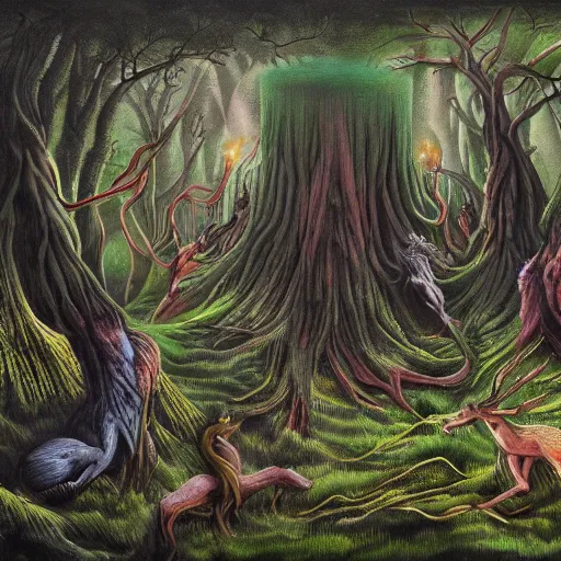 Prompt: painting of the beings of the forest, fantasy, surreal, very detailed, 8k