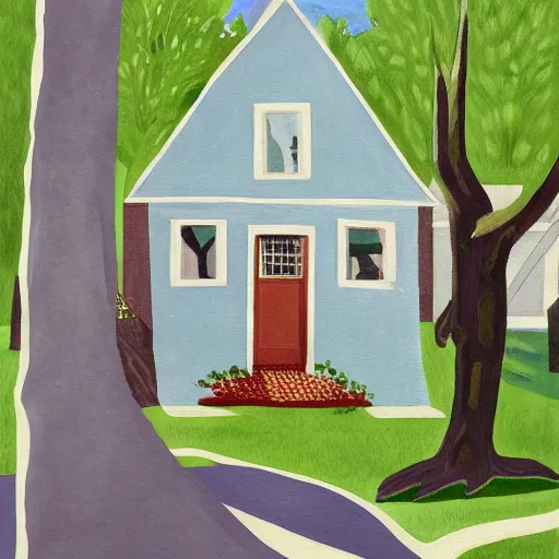 Prompt: a painting of a blue house under a tree, a gouache by charles e. burchfield, behance contest winner, american scene painting, storybook illustration, photoillustration, detailed painting