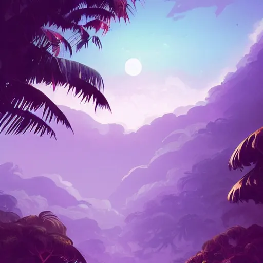 Image similar to tropical jungle, 2 moons in the sky above, purple tinged sky, behance hd artstation by jesper ejsing by rhads, makoto shinkai and lois van baarle, ilya kuvshinov, ossdraws