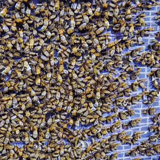 Image similar to photograph of a bee swarm attacking a skeleton army