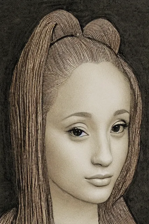 Image similar to a portrait of ariana grande in the style of leonardo da vinci drawing,, single head, no double head,