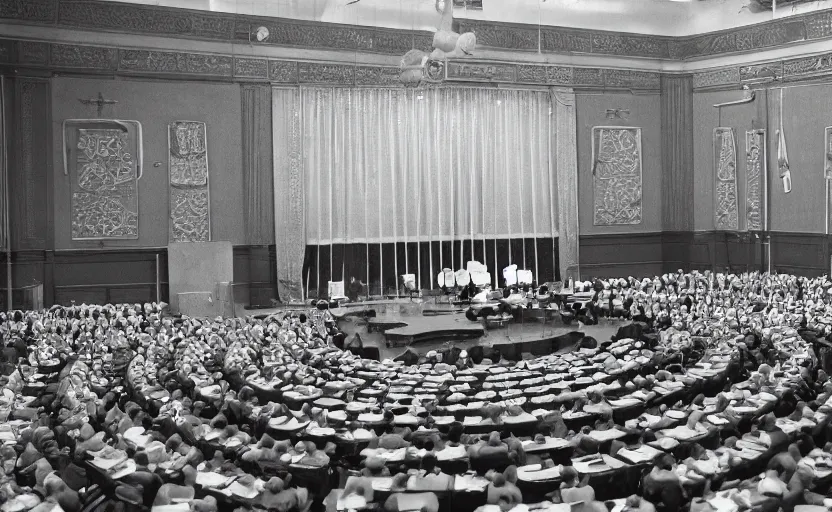 Image similar to 60s movie still of a CCCP congress with soviet flags and many soviet general stanilist style palace interior, by Irving Penn , cinestill 800t 35mm black and white, heavy grainy picture, very detailed, high quality, 4k, HD criterion, precise texture