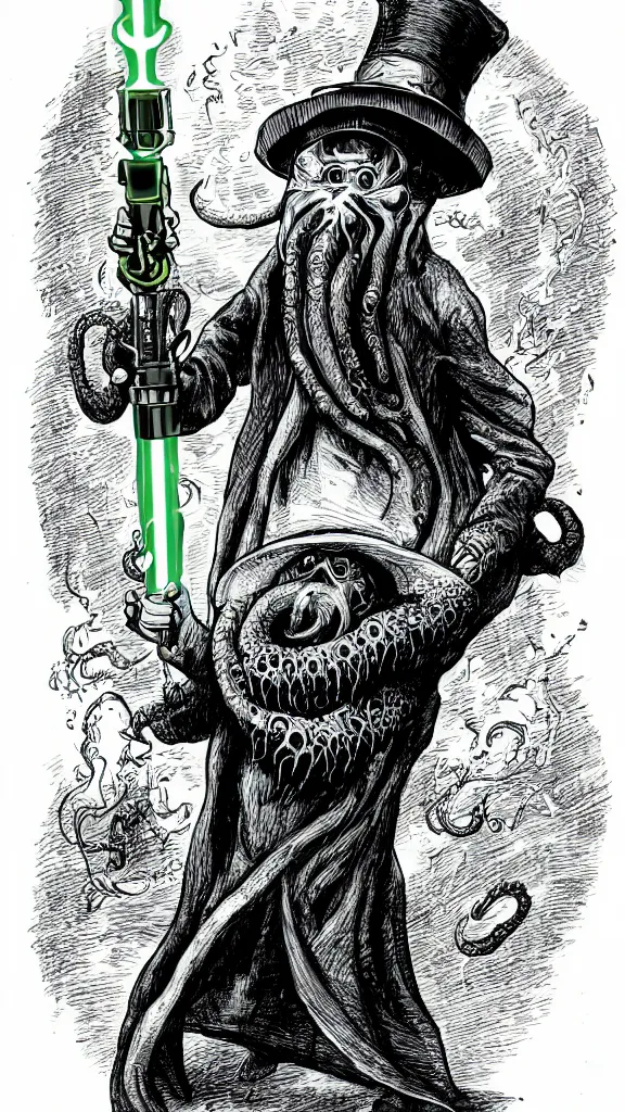 Prompt: Cthulhu wearing a Sherlock Holmes's hat and holding a lightsaber