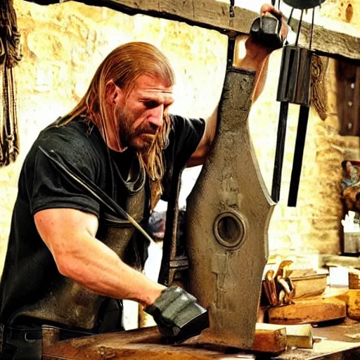 Image similar to triple h as blacksmith, medieval scene, creating his hammer!!!