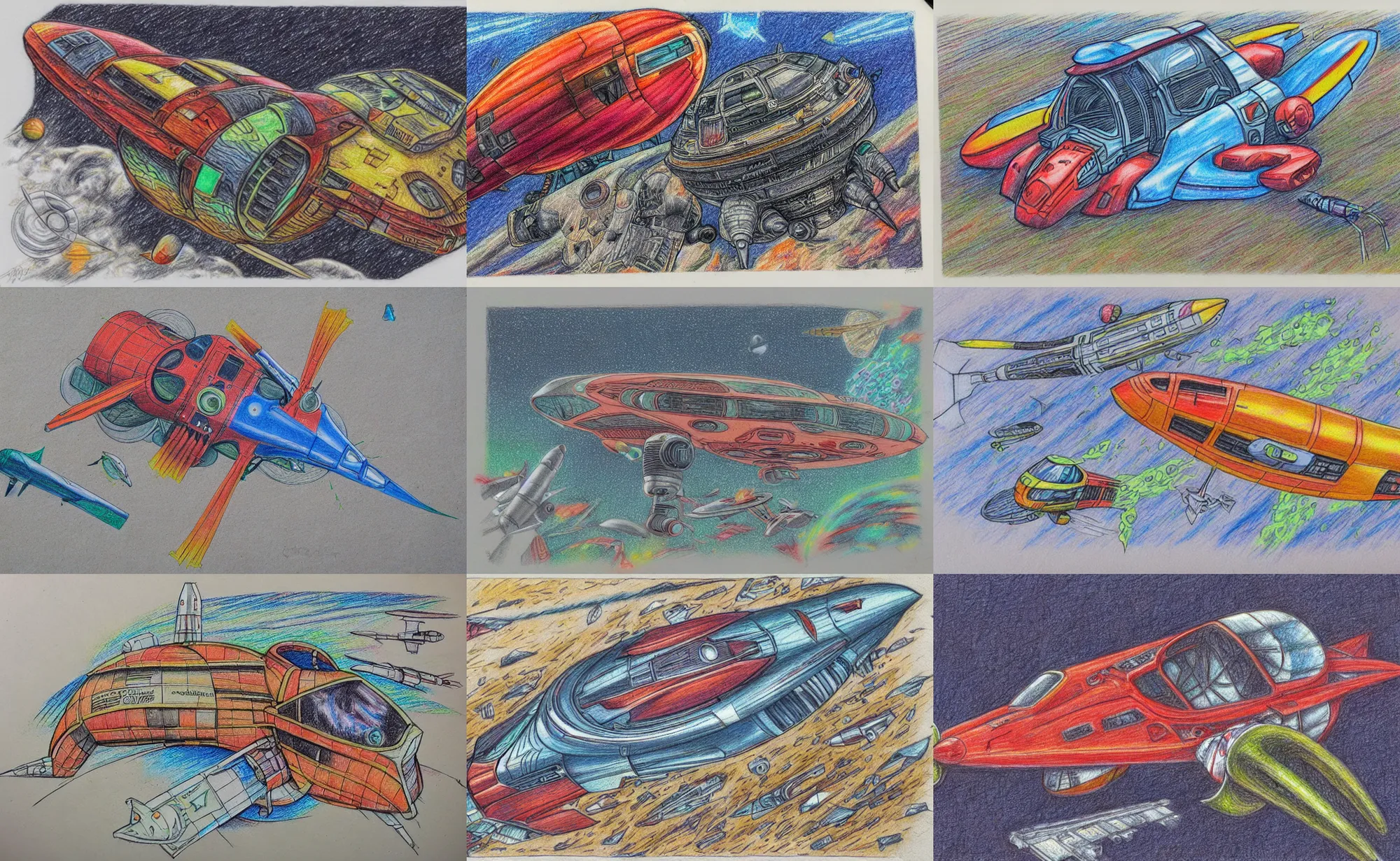 Prompt: intricately detailed color pencil sketch, retro spaceship crash landing