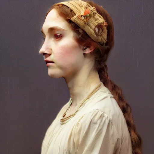 Image similar to Portrait of beautiful pale peasant girl, cinematic lighting, intricate, elegant, highly detailed, digital painting, artstation, smooth, sharp focus, illustration, art by artgerm and greg rutkowski and alphonse mucha and Wayne Barlowe and william-adolphe bouguereau