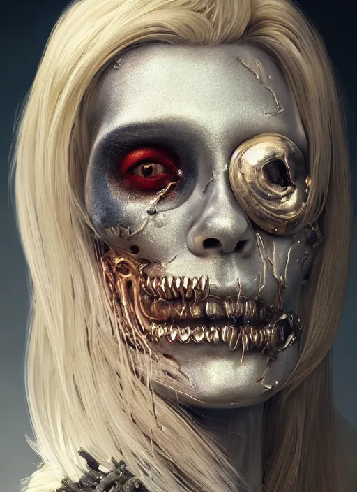 Image similar to A fancy portrait of Blonde girl half endoskeleton torn skin metallic skull by Greg Rutkowski, Sung Choi, Mitchell Mohrhauser, Maciej Kuciara, Johnson Ting, Maxim Verehin, Peter Konig, Bloodborne, 8k photorealistic, cinematic lighting, HD, high details, dramatic, atmospheric , trending on artstation