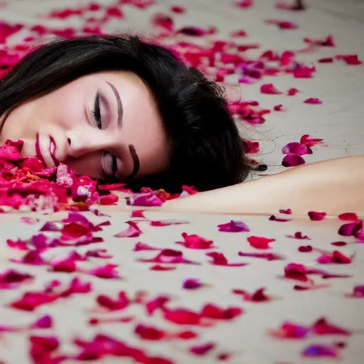 Image similar to a pretty woman lying in a bed that's covered in rose petals,