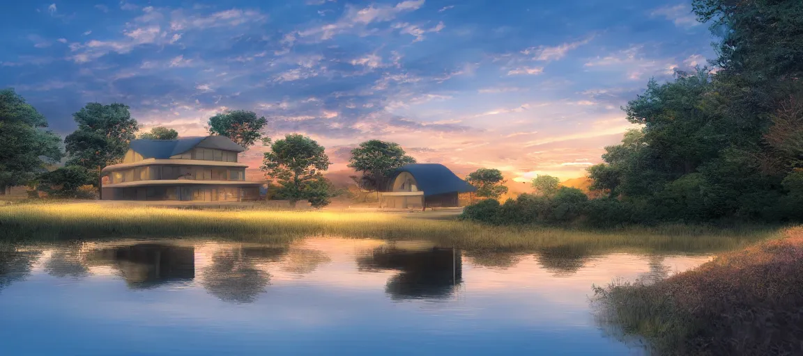 Image similar to a serene landscape with a singular building near a lake at sunset in anime style, 8k, low saturation, high quality, high detail