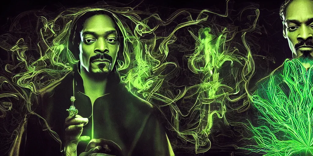 Image similar to snoop dogg doctor strange, smoke weed, marijuana, marijuana leaves, green light, highly detailed, environmental light, cinematic by francis tneh