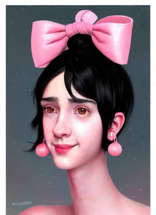 Image similar to portrait of teenage girl, realistic, black hair, bangs, half updo hairstyle, pointy nose, skinny, smile, ugly, defined jawline, big chin, pink hair bow, earrings, intricate, elegant, glowing lights, highly detailed, digital painting, artstation, sharp focus, illustration, art by wlop, mars ravelo and greg rutkowski