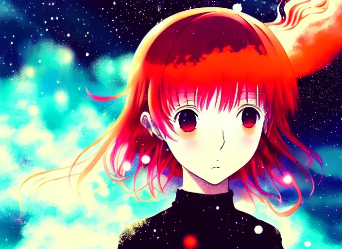 Image similar to anime portrait of a young girl floating inside a nebula, Karolis Strautniekas,omoide emanon, tsuruta kenji, murata range,kawaii, kyoto animation, manga, intricate, detailed, studio lighting, orange red black white, gradation,editorial illustration, matte print, Ilya Kuvshinov