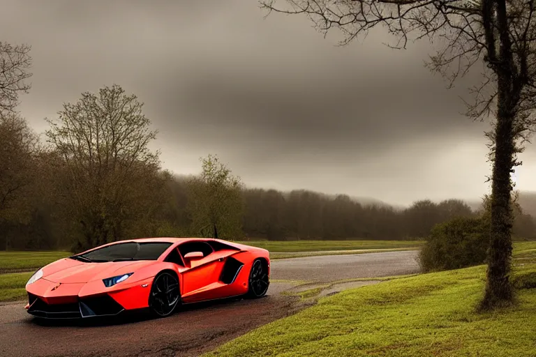 Image similar to a landscape photograph of a lamborghini aventador driving through a vast serene landscape on a rainy day, river, trees, beautiful lighting, by lee madgwick