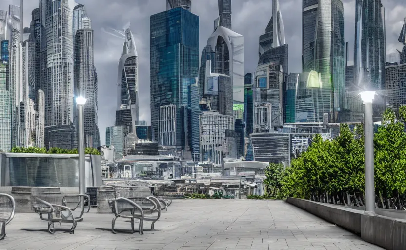 Image similar to photo of a futuristic landscape with futuristic buildings!, (((alien lamp posts))) , sidewalks with scattered benches on the sides, fountain in the middle, highly detailed, high quality, HD, 4k, 8k, Canon 300mm, professional photographer, 40mp, lifelike, top-rated, award winning, realistic, sharp, no blur, edited, corrected, trending