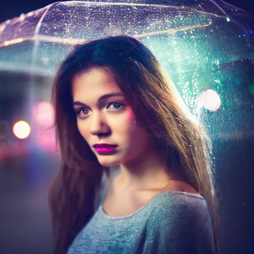 Image similar to award winning portrait photo of a pretty young woman gazing into the distance longingly, she is in the rain at night surrounded by neon lights, realistic, bokeh, 5 0 mm, f 1. 8