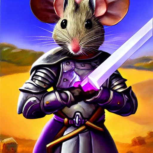 Prompt: armored mouse warrior holding a sword reaches for a floating purple crystal, Oil Painting, RPG Portrait, 8k scan