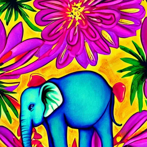 Prompt: art print in the style of karl james mountford, florals, tropical, centered mother and baby elephant, extremely bright saturated colors + white,